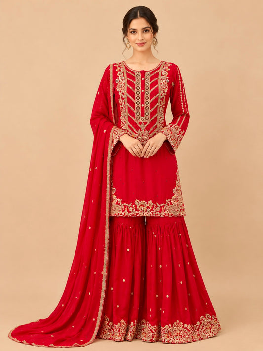 RED COLOUR CHINON EMBROIDERED SHARARA SUIT SET EMBELLISHED WITH KASAB & SEQUINS WORK
