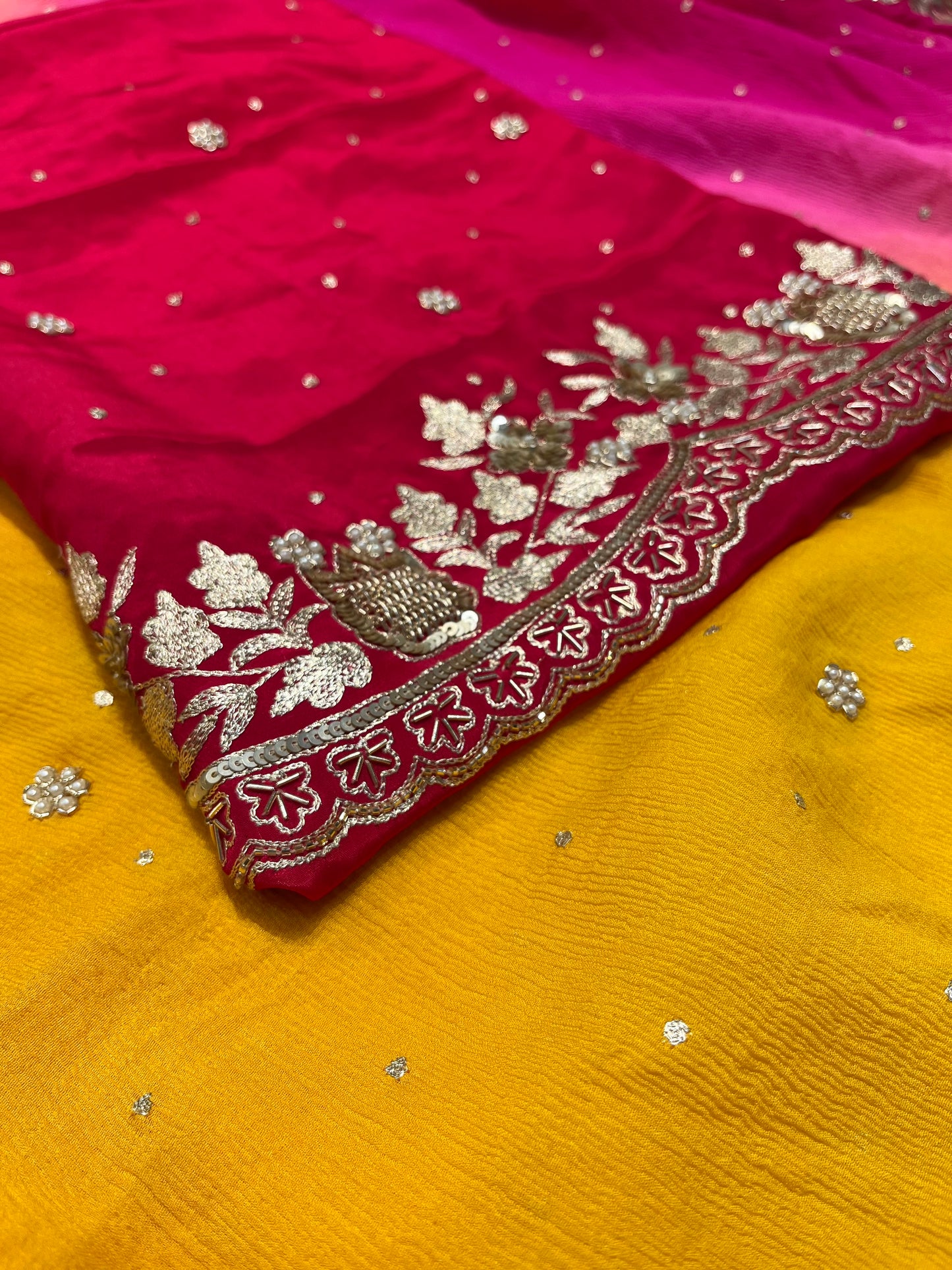 SHADED PURE CHIFFON HAND EMBROIDERED SAREE WITH CREPE SILK UNSTITCHED BLOUSE EMBELLISHED WITH AARI & SEQUINS WORK ( DELIVERY IN 30 DAYS ) - Kothari Sons