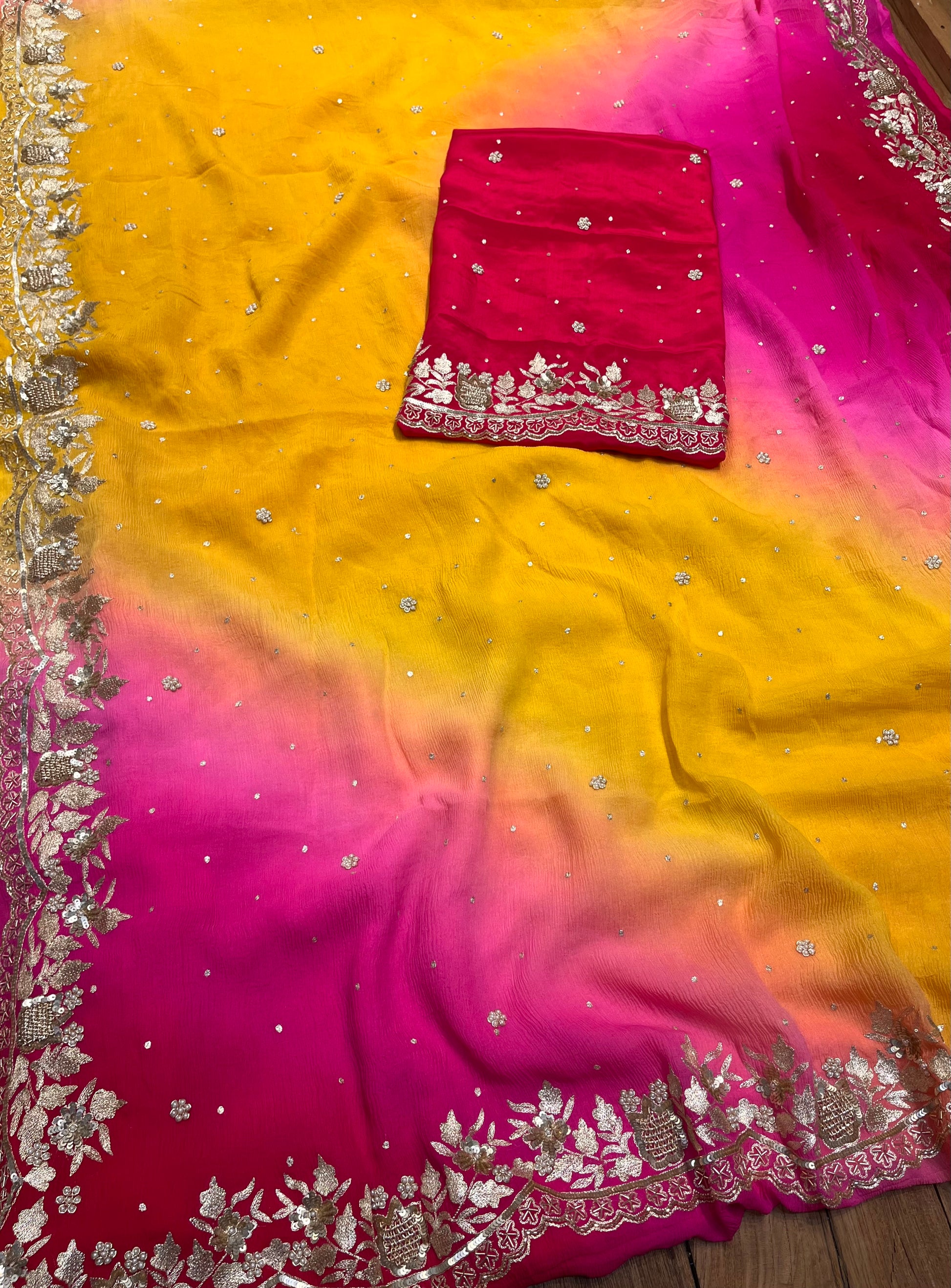 SHADED PURE CHIFFON HAND EMBROIDERED SAREE WITH CREPE SILK UNSTITCHED BLOUSE EMBELLISHED WITH AARI & SEQUINS WORK ( DELIVERY IN 30 DAYS ) - Kothari Sons