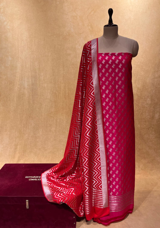 PINK COLOUR BANARASI PURE SILK UNSTITCHED SLAWAR SUIT MATERIAL EMBELLISHED WITH ZARI WEAVES