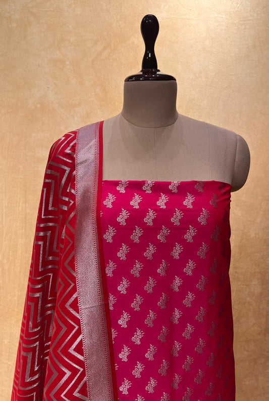 PINK COLOUR BANARASI PURE SILK UNSTITCHED SLAWAR SUIT MATERIAL EMBELLISHED WITH ZARI WEAVES