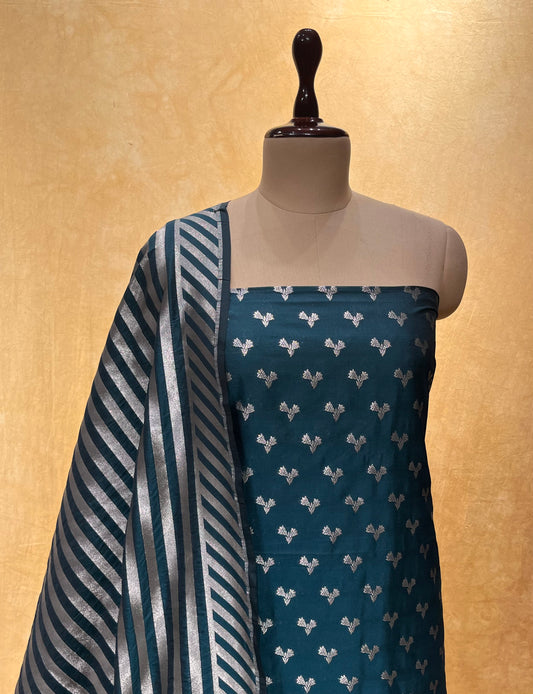 TEAL BLUE COLOUR BANARASI PURE SILK UNSTITCHED SUIT EMBELLISHED WITH ZARI WEAVES