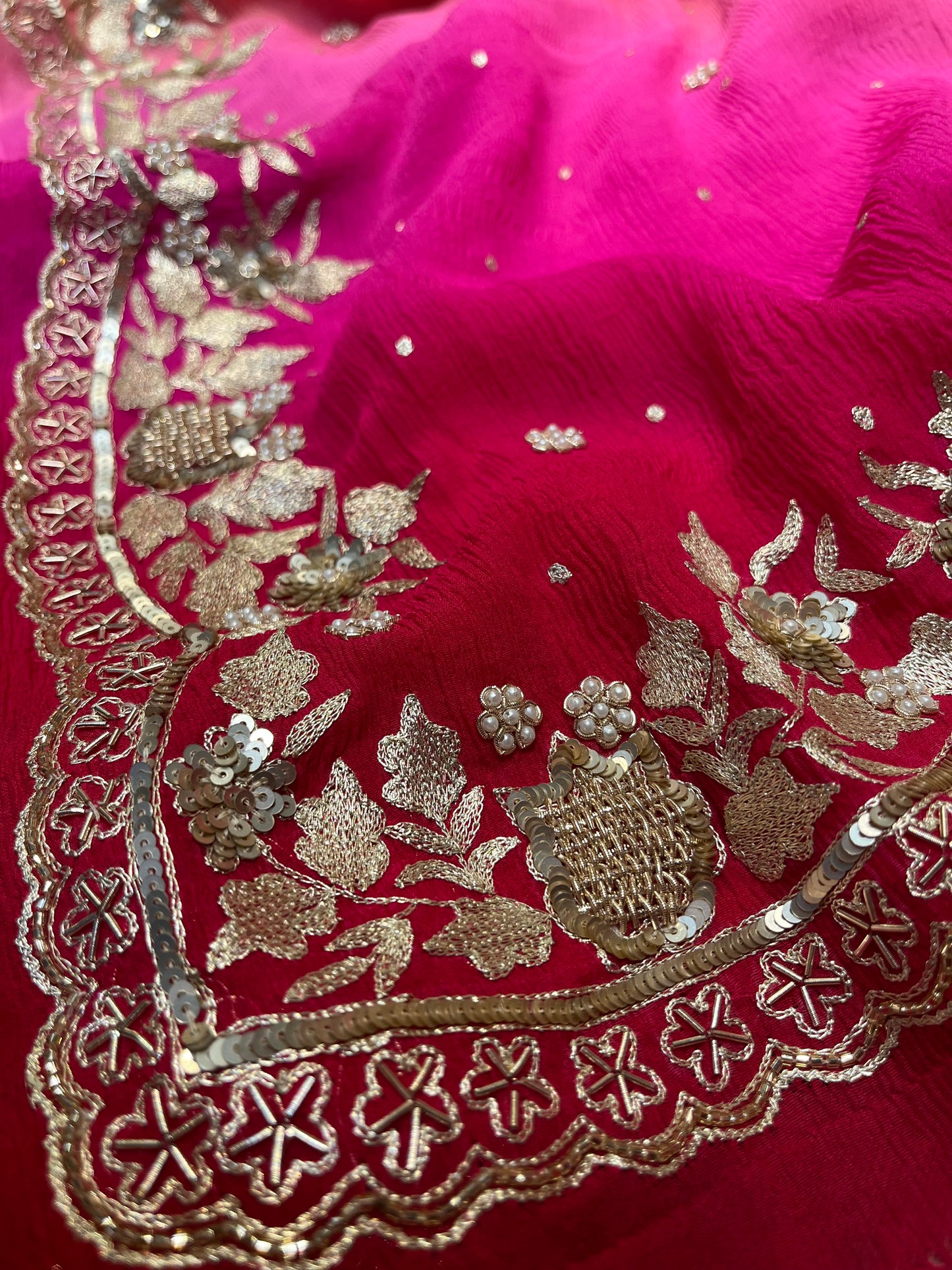 SHADED PURE CHIFFON HAND EMBROIDERED SAREE WITH CREPE SILK UNSTITCHED BLOUSE EMBELLISHED WITH AARI & SEQUINS WORK ( DELIVERY IN 30 DAYS ) - Kothari Sons