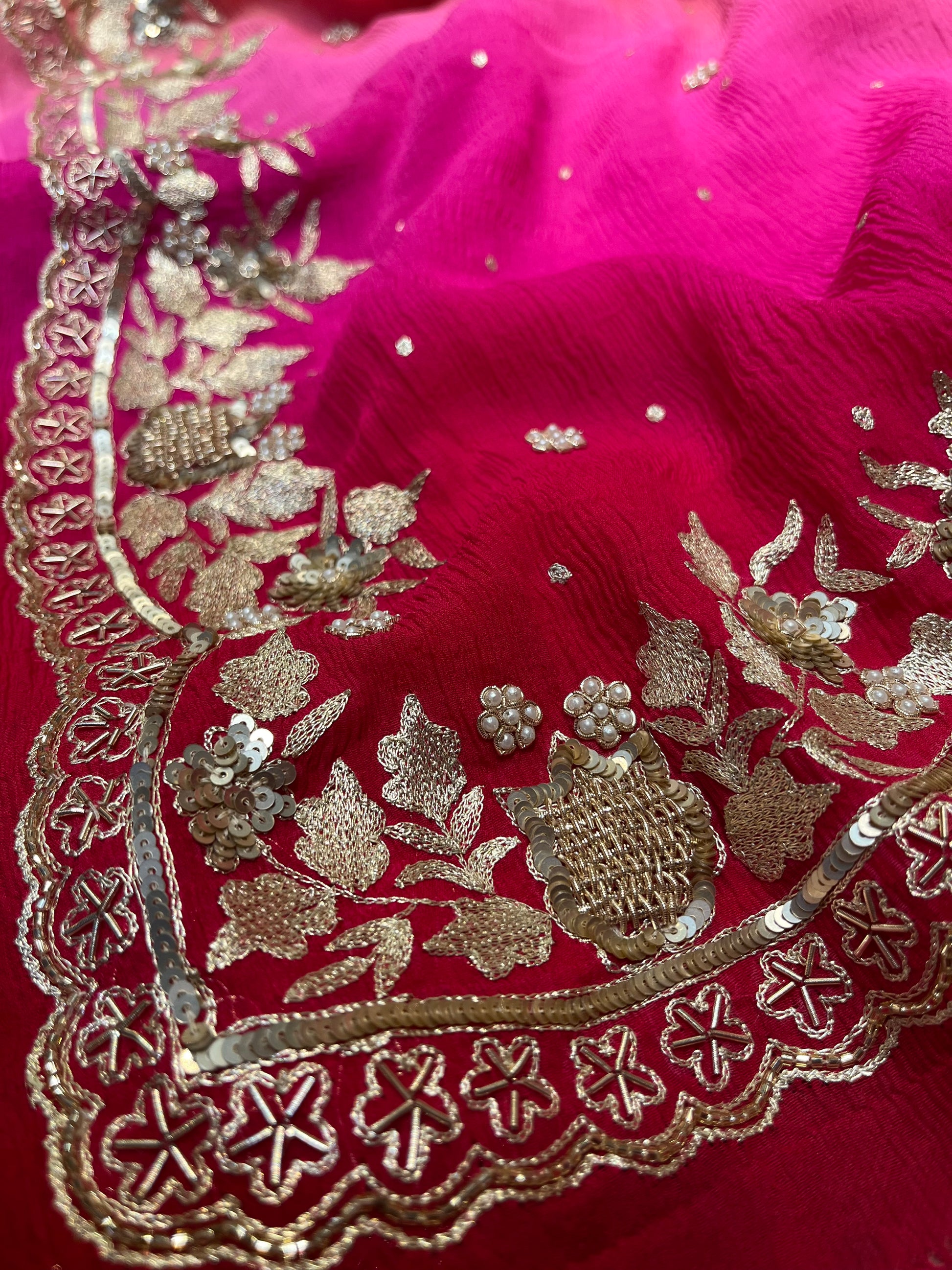 SHADED PURE CHIFFON HAND EMBROIDERED SAREE WITH CREPE SILK UNSTITCHED BLOUSE EMBELLISHED WITH AARI & SEQUINS WORK ( DELIVERY IN 30 DAYS ) - Kothari Sons