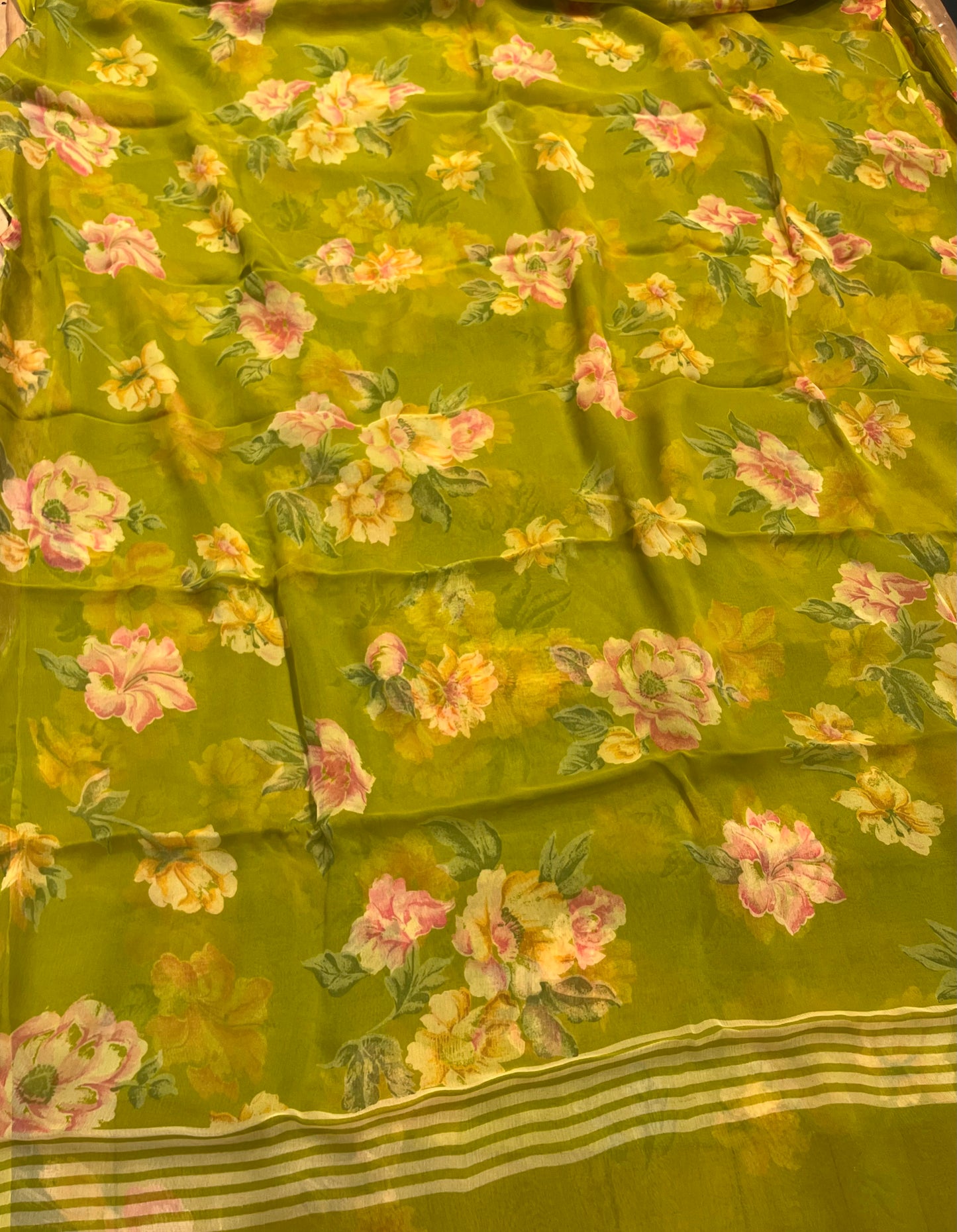 OLIVE COLOUR CHIFFON PRINTED SAREE WITH UNSTITCHED CHINON BLOUSE - Kothari Sons