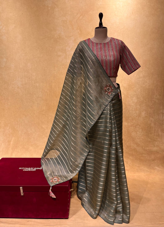 ( DELIVERY IN 25 DAYS ) GREY COLOUR ORGANZA READYMADE BLOUSE SAREE EMBELLISHED WITH SEQUINS WORK