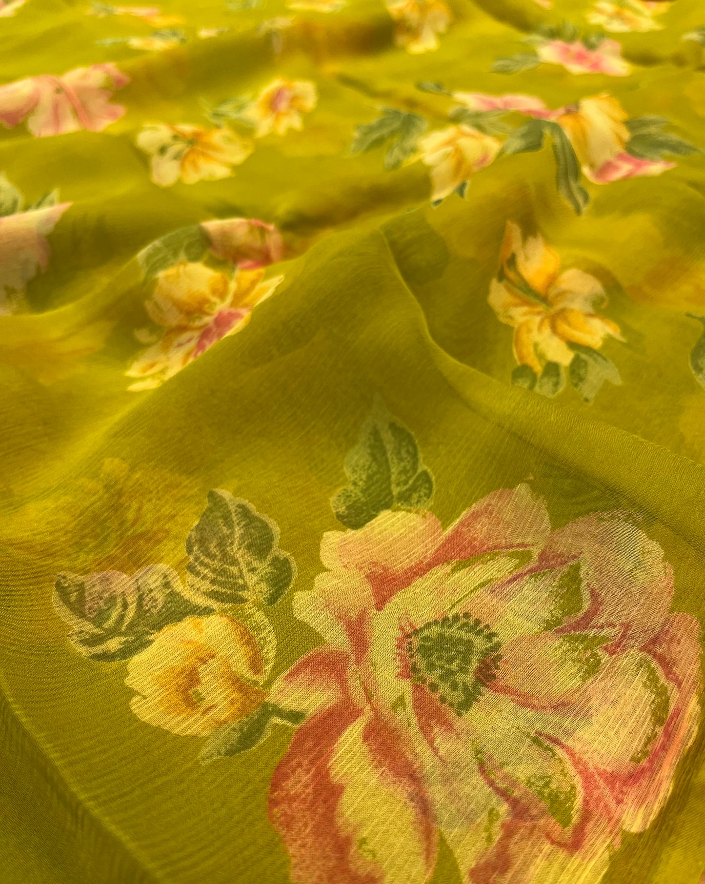 OLIVE COLOUR CHIFFON PRINTED SAREE WITH UNSTITCHED CHINON BLOUSE - Kothari Sons