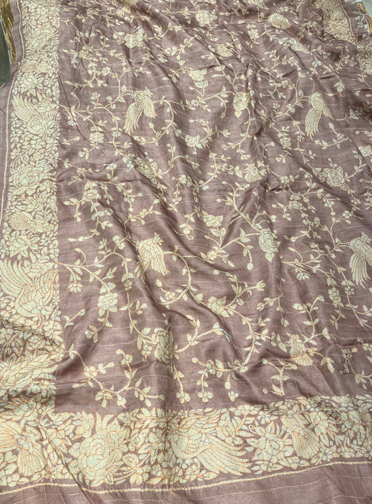 PURPLE COLOUR TUSSAR SILK SAREE  EMBELLISHED WITH KATHA WORK