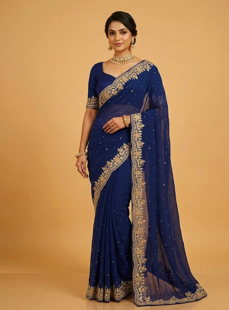 BLUE SHADED CHIFFON HAND EMBROIDERED SAREE WITH CHINON UNSTITCHED BLOUSE EMBELLISHED WITH AARI & SEQUINS WORK ( DELIVERY IN 30 DAYS ) - Kothari Sons