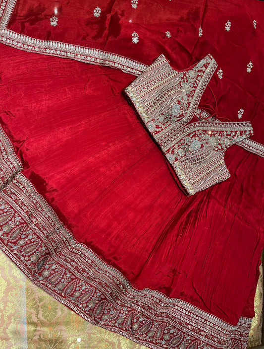RED COLOUR CHINON SKIRT WITH READYMADE BLOUSE EMBELLISHED WITH ZARI & CUTDANA WORK