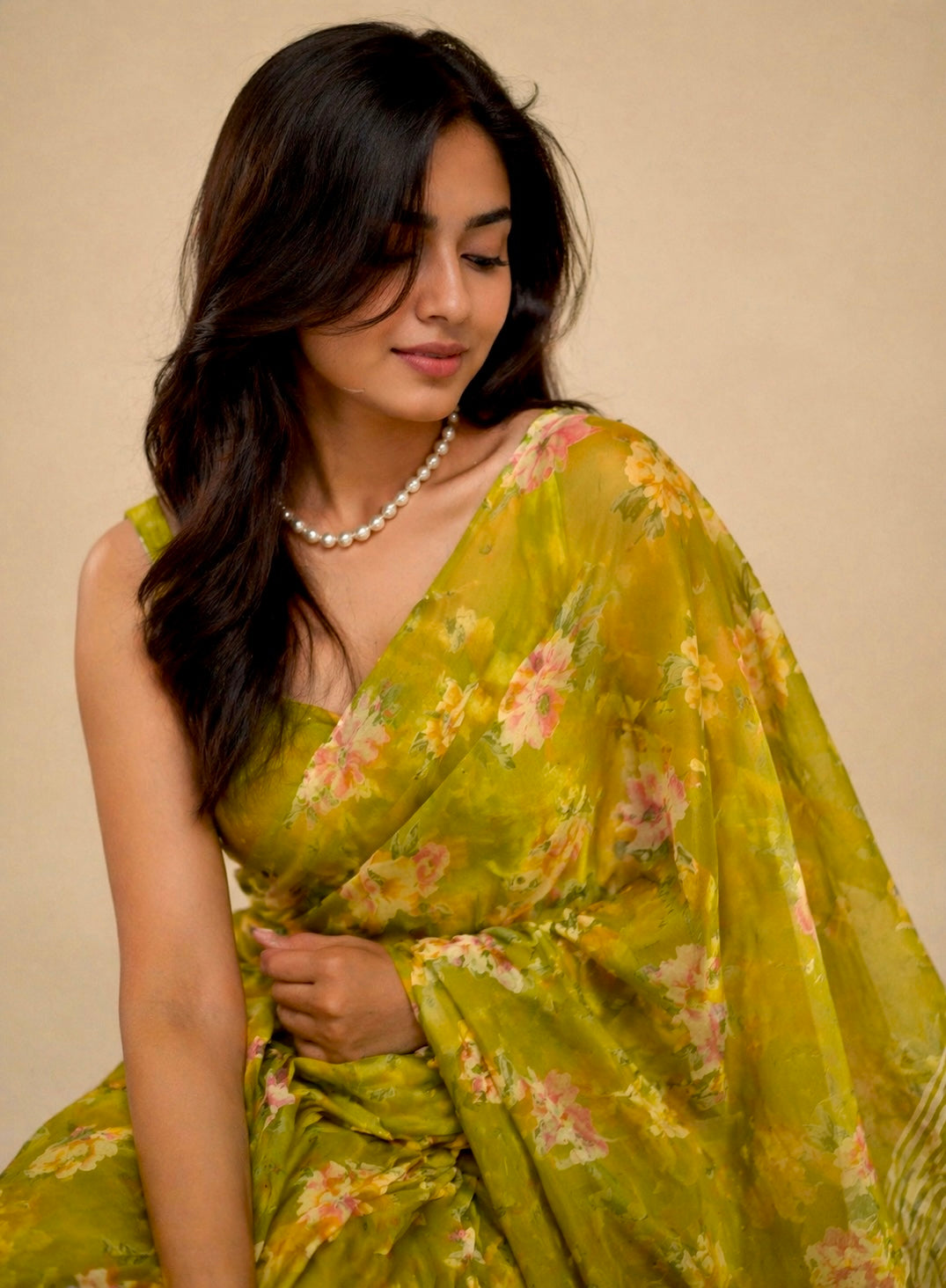 OLIVE COLOUR CHIFFON PRINTED SAREE WITH UNSTITCHED CHINON BLOUSE - Kothari Sons