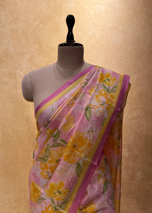 PINK COLOUR PRINTED SILK SAREE