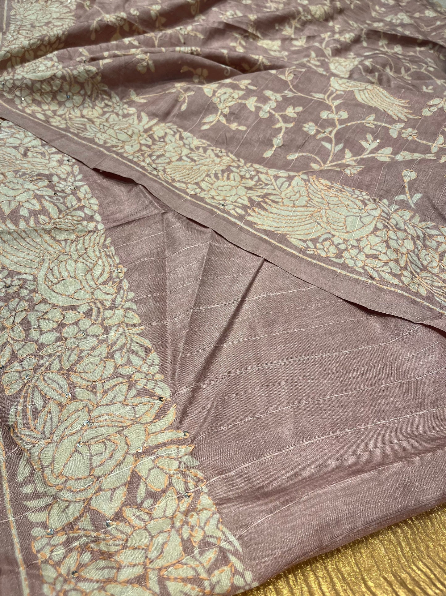 PURPLE COLOUR TUSSAR SILK SAREE  EMBELLISHED WITH KATHA WORK