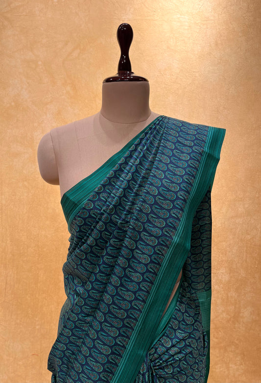 TURQUOISE COLOUR SILK PRINTED SAREE