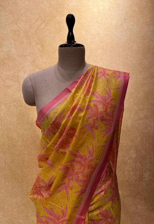 YELLOW COLOUR SILK PRINTED SAREE