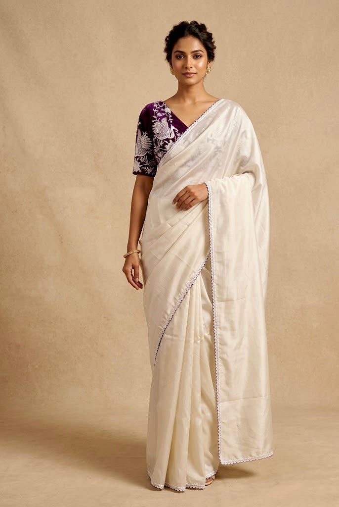WHITE COLOUR CHANDERI SAREE WITH RAW SILK UNSTITCHED PARSI EMBROIDERED BLOUSE BY SIDDHAIKA - Kothari Sons