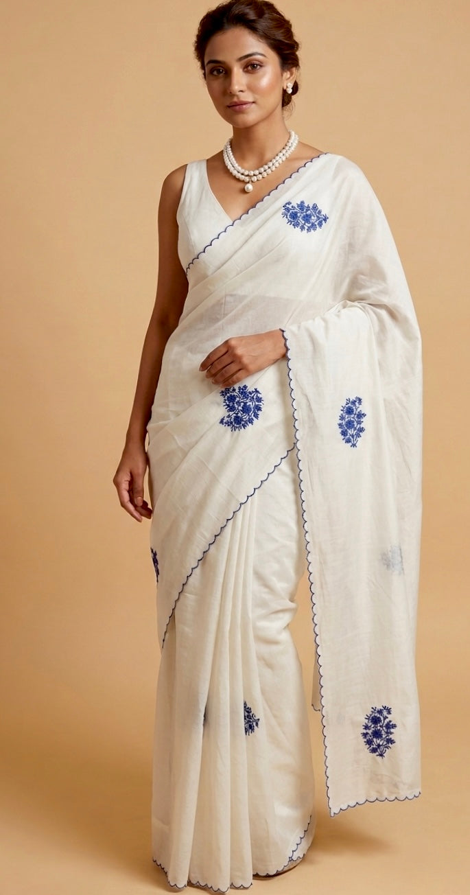 WHITE COLOUR CHANDERI SCALLOP BORDER EMBROIDERED SAREE EMBELLISHED WITH RESHAM EMBROIDERY BY SIDDHAIKA - Kothari Sons