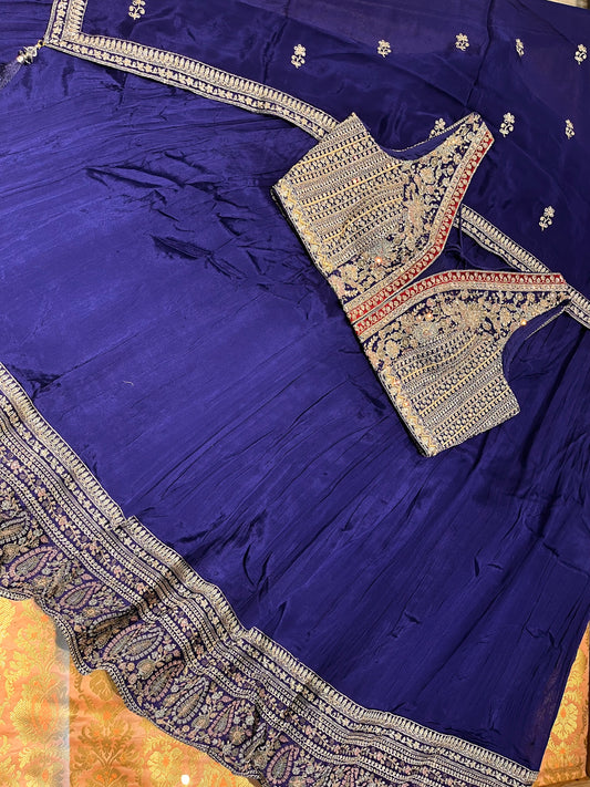 BLUE COLOUR CHINON SKIRT WITH READYMADE BLOUSE EMBELLISHED WITH CUTDANA & ZARI WORK