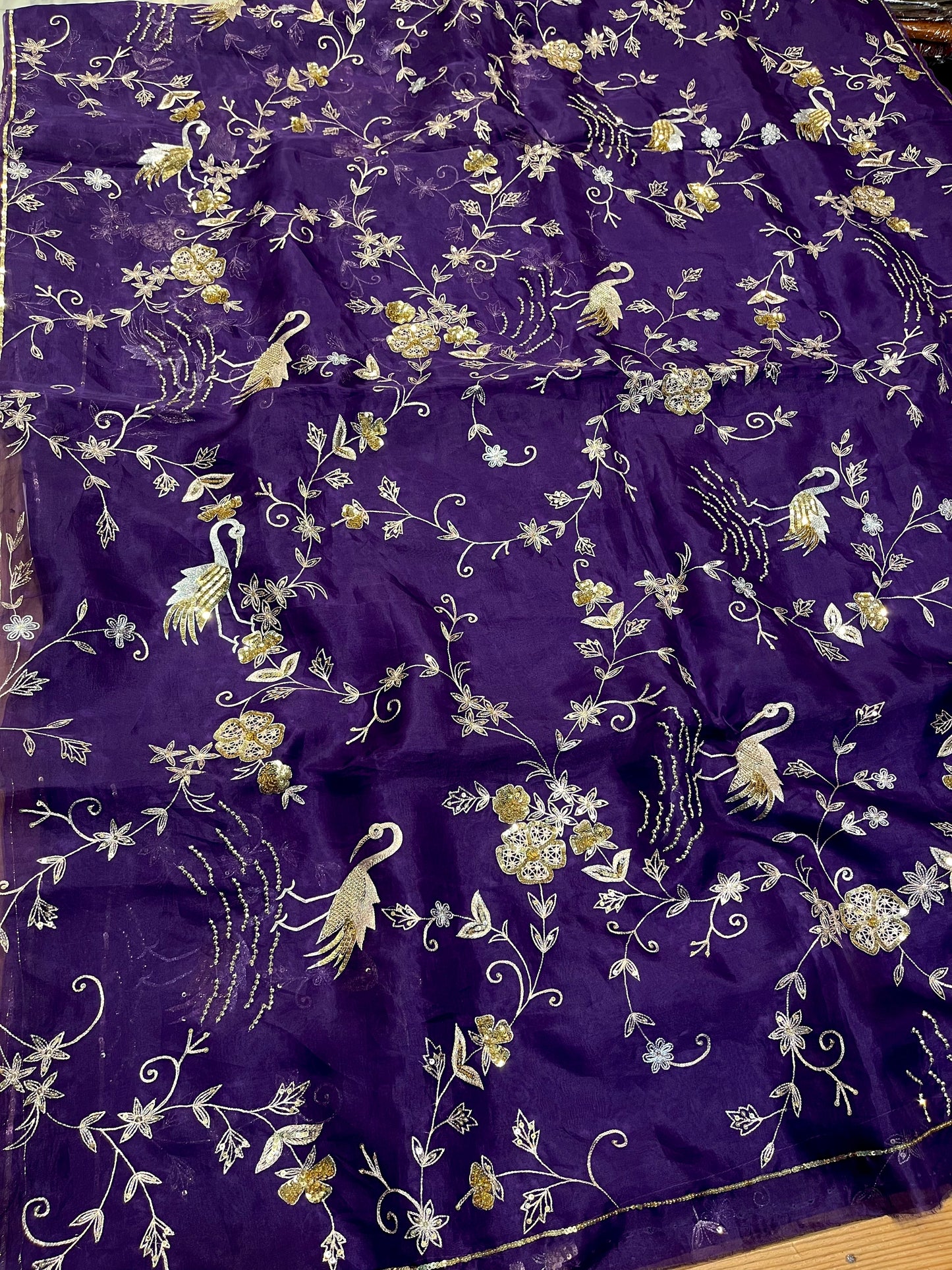 PURPLE COLOUR PURE ORGANZA HAND EMBROIDERED SAREE EMBELLISHED WITH AARI, SEQUINS & ZARDOZI WORK ( DELIVERY IN 60 DAYS ) - Kothari Sons