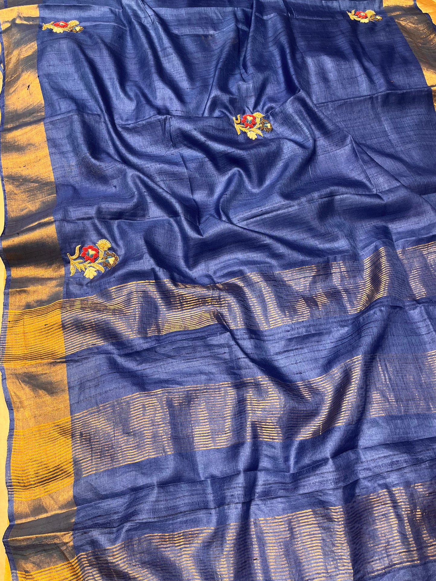 BLUE COLOUR TUSSAR SILK HAND EMBROIDERED SAREE EMBELLISHED WITH CUTDANA, BEADS & ZARDOZI WORK