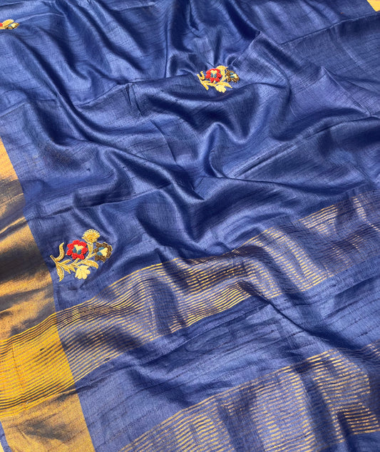 BLUE COLOUR TUSSAR SILK HAND EMBROIDERED SAREE EMBELLISHED WITH CUTDANA, BEADS & ZARDOZI WORK