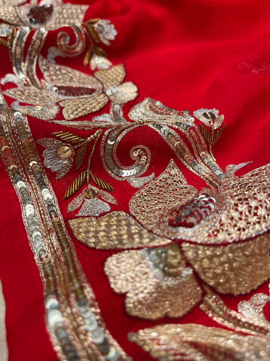 RED COLOUR PURE CHIFFON HAND EMBROIDERED SAREE EMBELLISHED WITH SEQUINS & KASAB EMBROIDERY