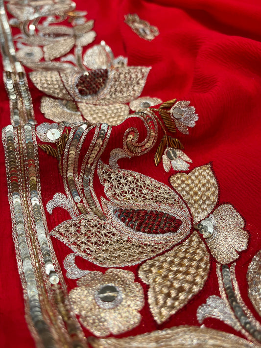 RED COLOUR PURE CHIFFON HAND EMBROIDERED SAREE EMBELLISHED WITH SEQUINS & KASAB EMBROIDERY