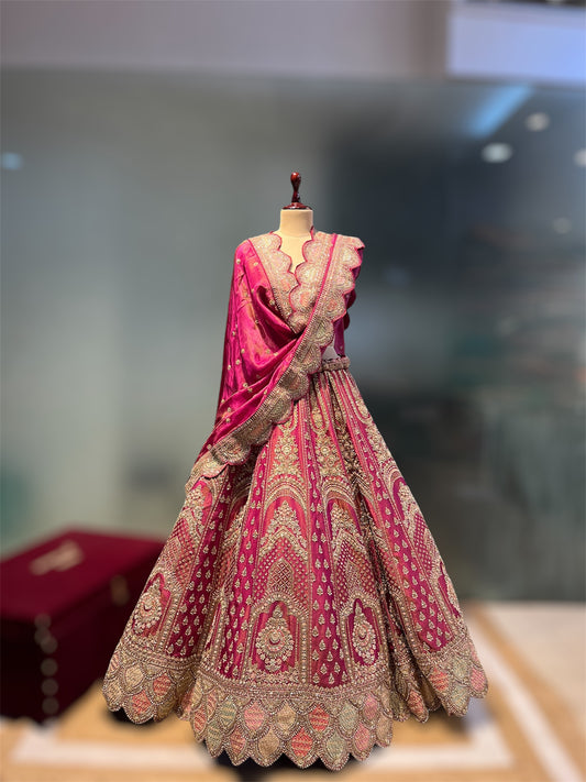 BURGUNDY COLOUR SILK  BRIDAL LEHENGA EMBELLISHED WITH ZARDOZI EMBROIDERY