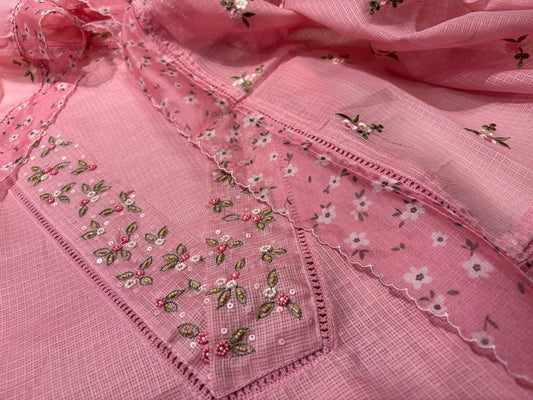BLUSH PINK KOTA DORIYA UNSTITCHED SUIT WITH RESHAM EMBROIDERY