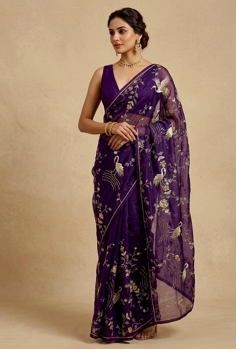 PURPLE COLOUR PURE ORGANZA HAND EMBROIDERED SAREE EMBELLISHED WITH AARI, SEQUINS & ZARDOZI WORK ( DELIVERY IN 60 DAYS ) - Kothari Sons