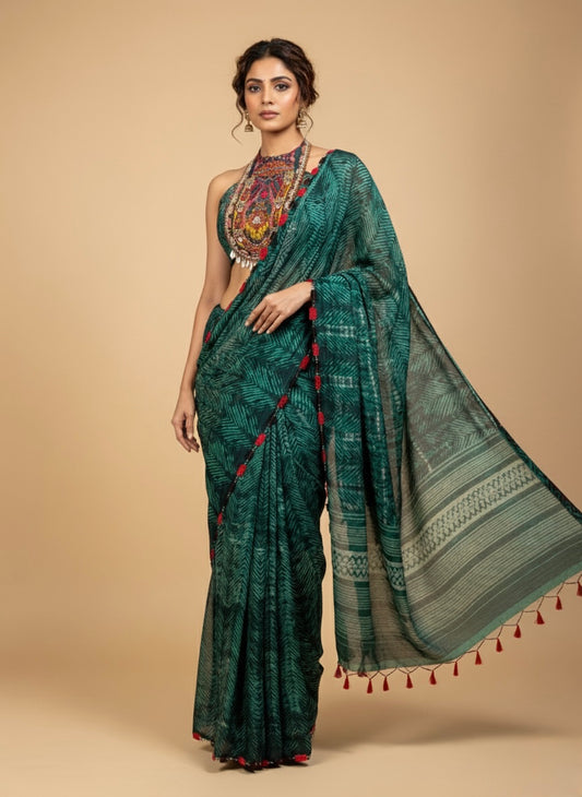 SHIBORI PRINTED GREEN CREPE SAREE WITH MULTICOLOURED EMBROIDERED BLOUSE (  DELIVERY IN 20 DAYS)
