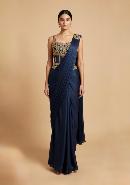 NAVY BLUE CHINON DRAPED SAREE WITH EMBROIDERED CORSET BLOUSE ( DELIVERY IN 20 DAYS)