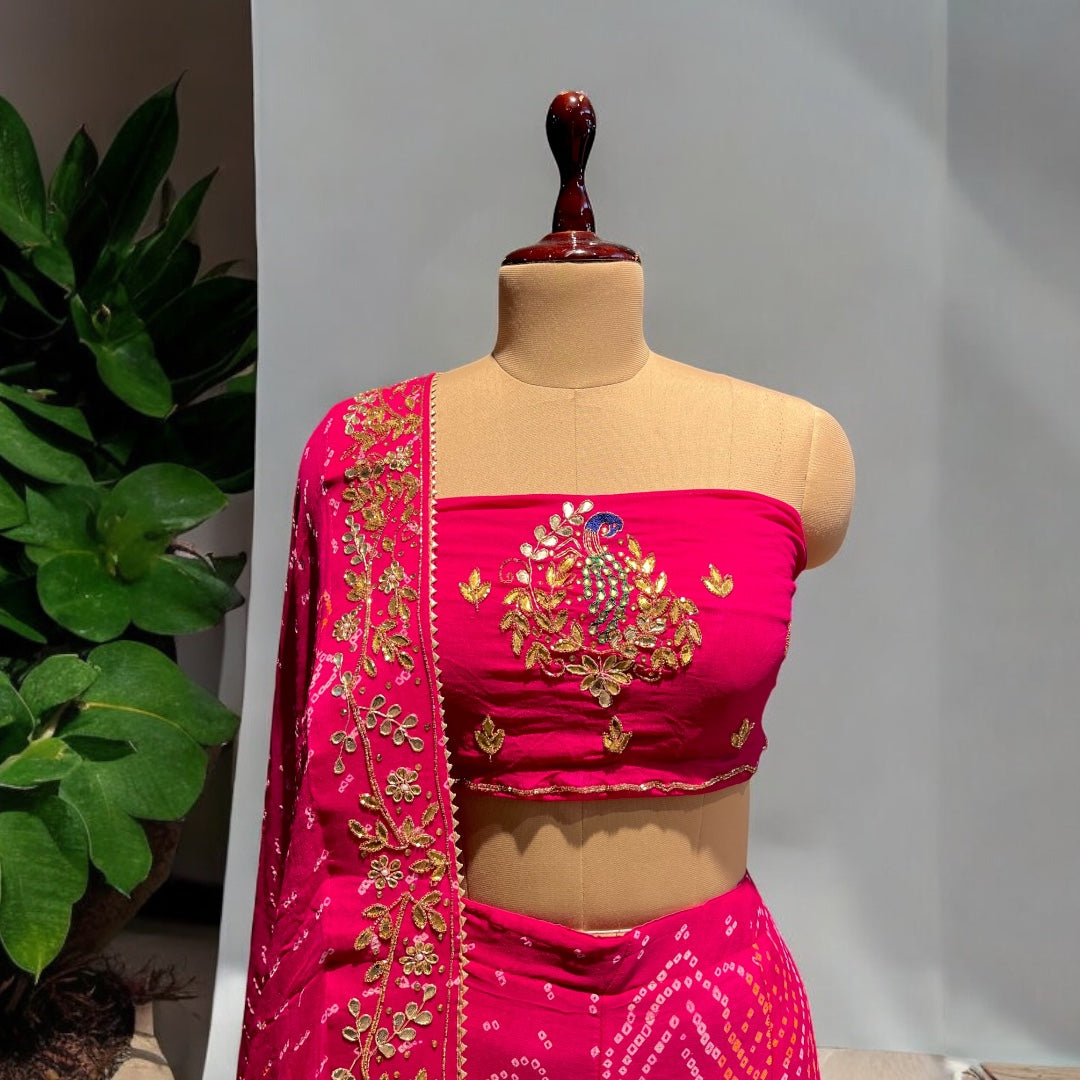 RANI PINK COLOUR PURE GEORGETTE OJARIYA LEHENGA WITH UNSTITCHED BLOUSE EMBELLISHED WITH GOTA PATTI WORK