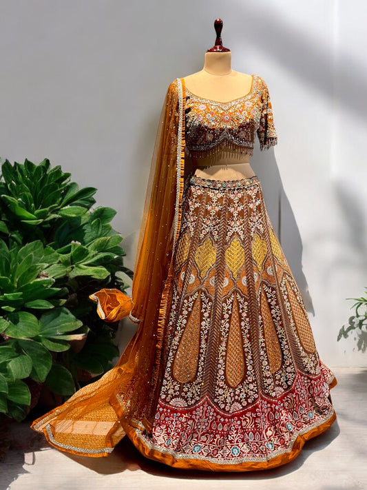 COPPER COLOUR CHINON LEHENGA WITH READYMADE BLOUSE & NET DUPATTA EMBELLISHED WITH CUTDANA, RESHAM & ZARI WORK