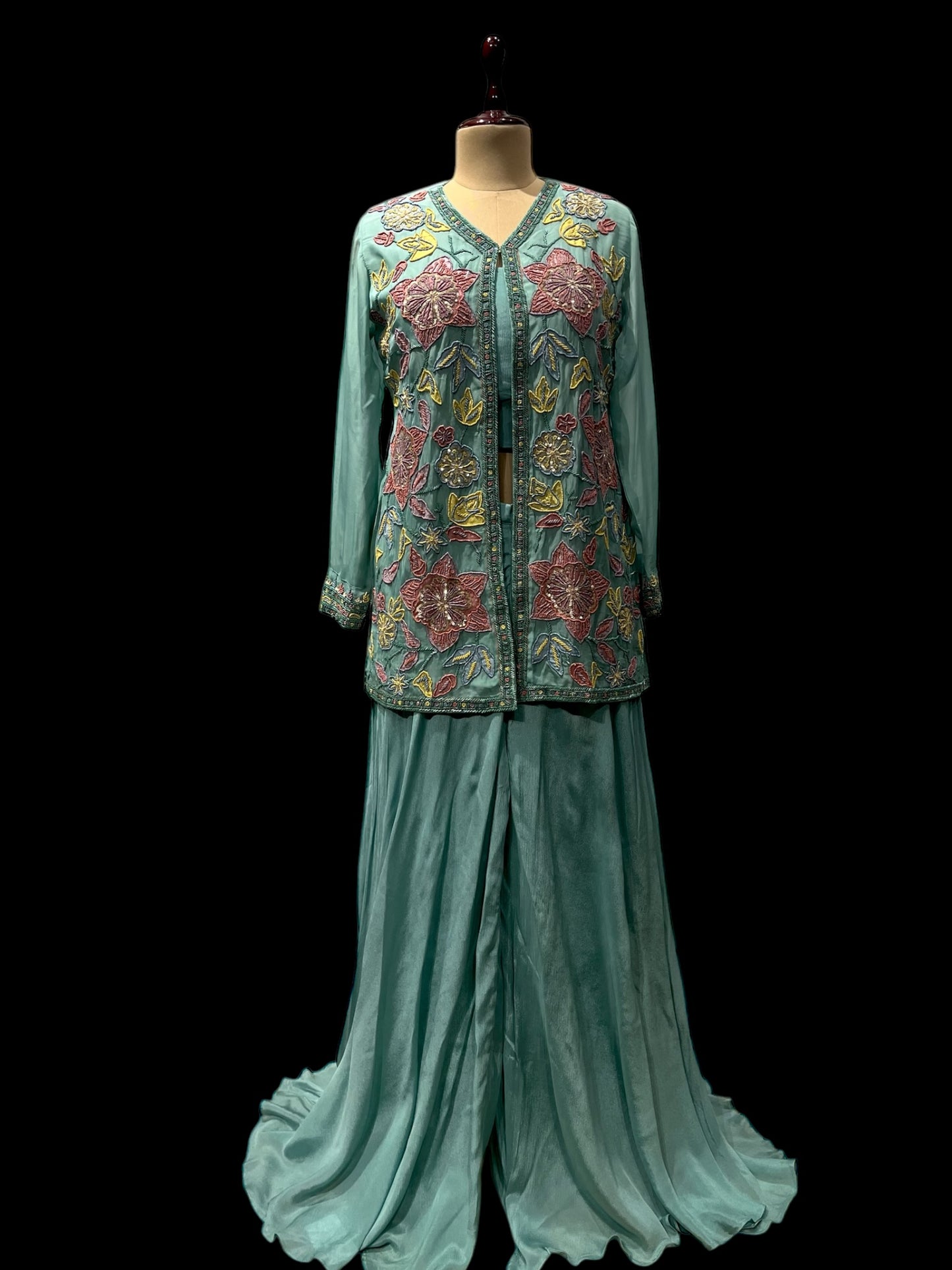 SEA GREEN COLOUR INDOWESTERN OUTFIT PALAZZO WITH CROP TOP & JACKET EMBELLISHED WITH CUTDANA, BEADS & SEQUINS WORK