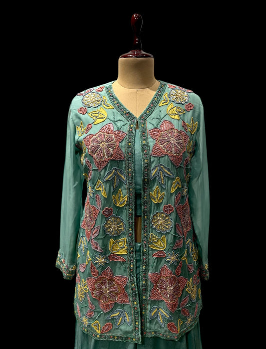 SEA GREEN COLOUR INDOWESTERN OUTFIT PALAZZO WITH CROP TOP & JACKET EMBELLISHED WITH CUTDANA, BEADS & SEQUINS WORK