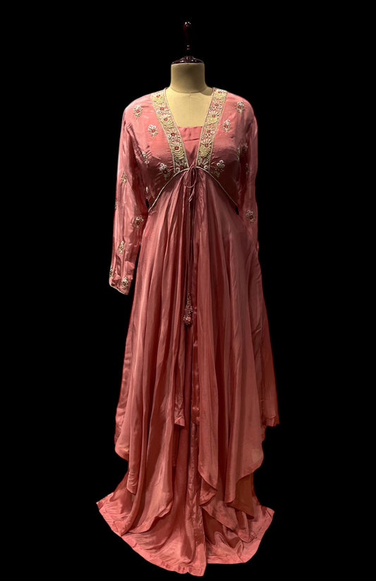 PEACH COLOUR INDOWESTERN DRESS FALRED PANT WITH CROP TOP & SHRUG EMBELLISHED WITH CUTDANA, ZARDOZI & SEQUINS WORK