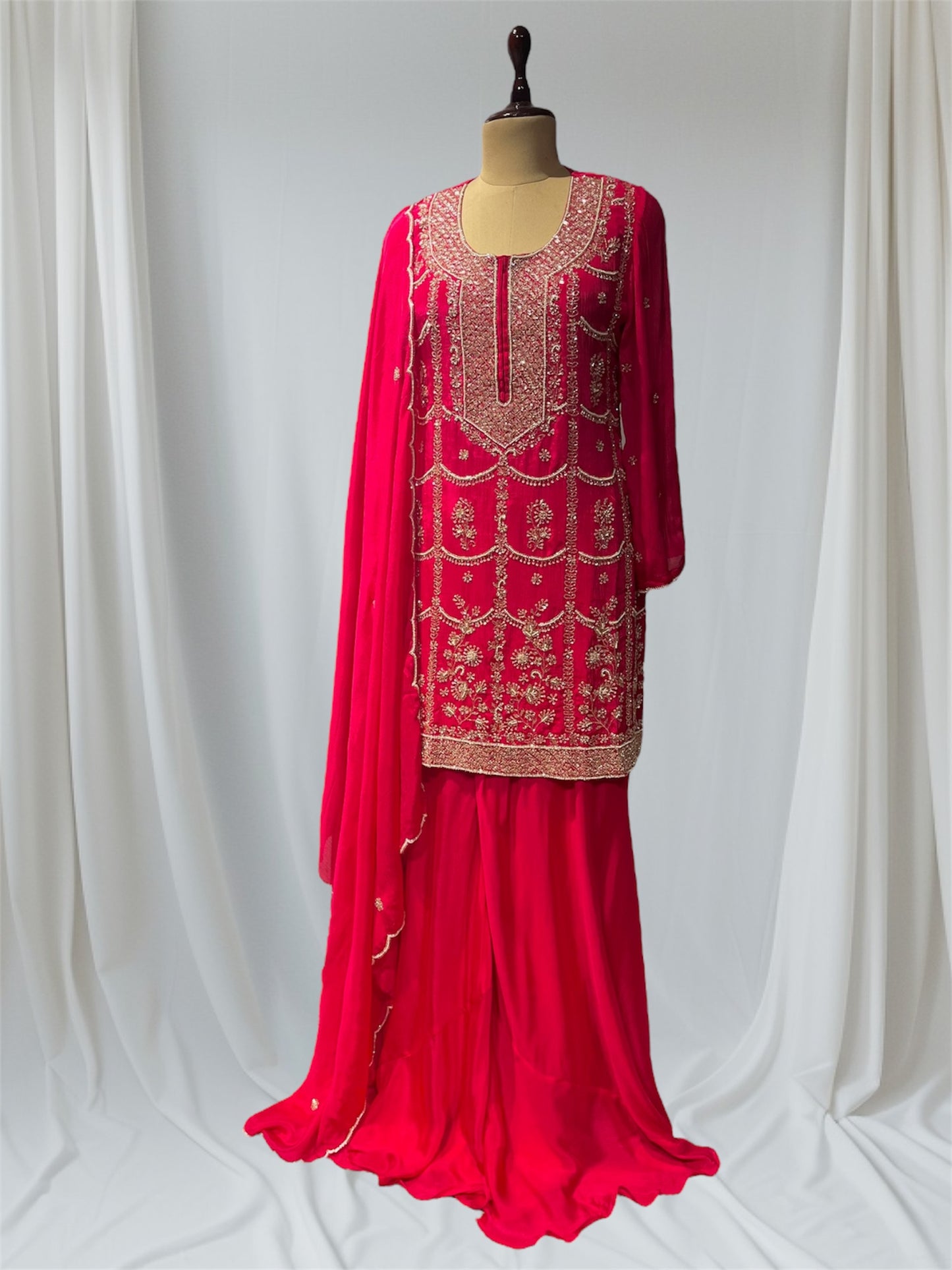 RED COLOUR CHINON SHARAR SUIT WITH BEADS & KARDHANA EMBROIDERY