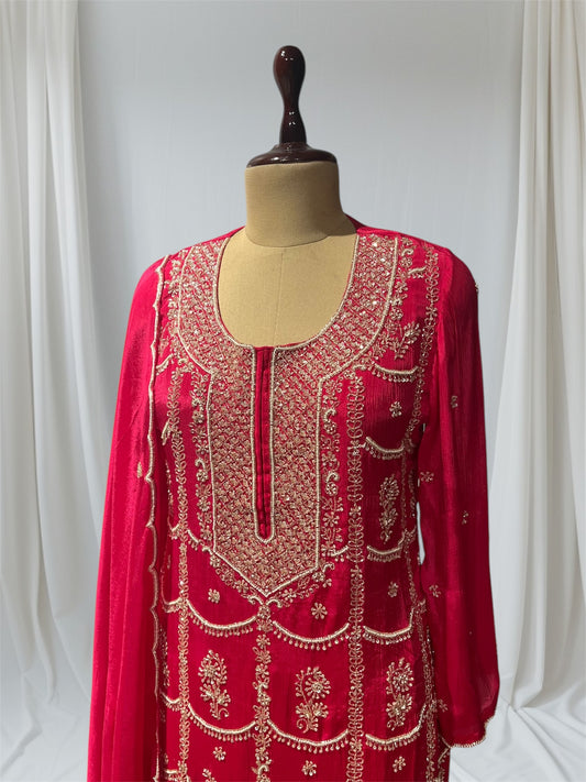 RED COLOUR CHINON SHARAR SUIT WITH BEADS & KARDHANA EMBROIDERY