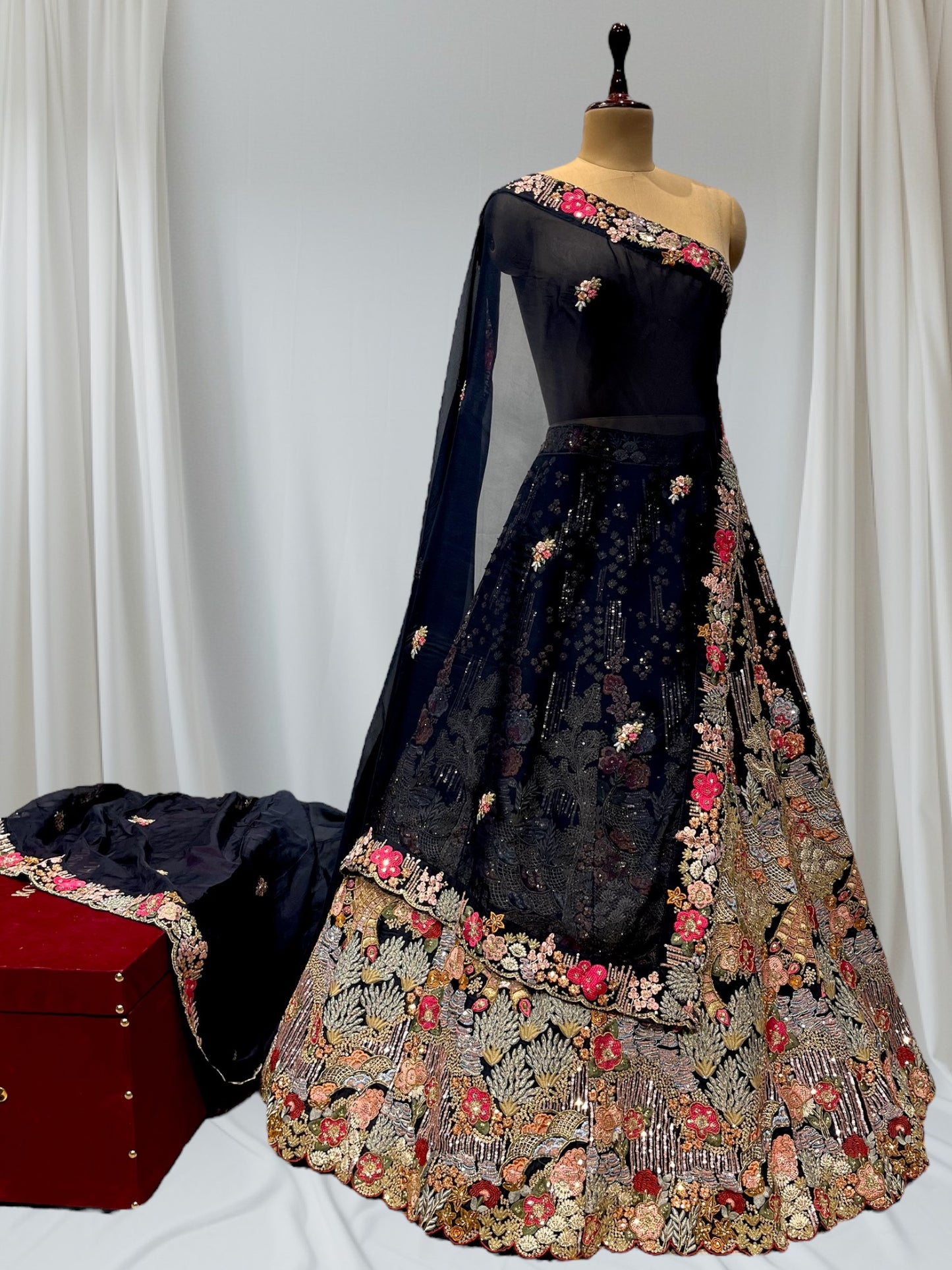 NAVY BLUE COLOUR EMBROIDERED SILK LEHENGA WITH ORGANZA DUPATTA & UNSTITCHED  BLOUSE