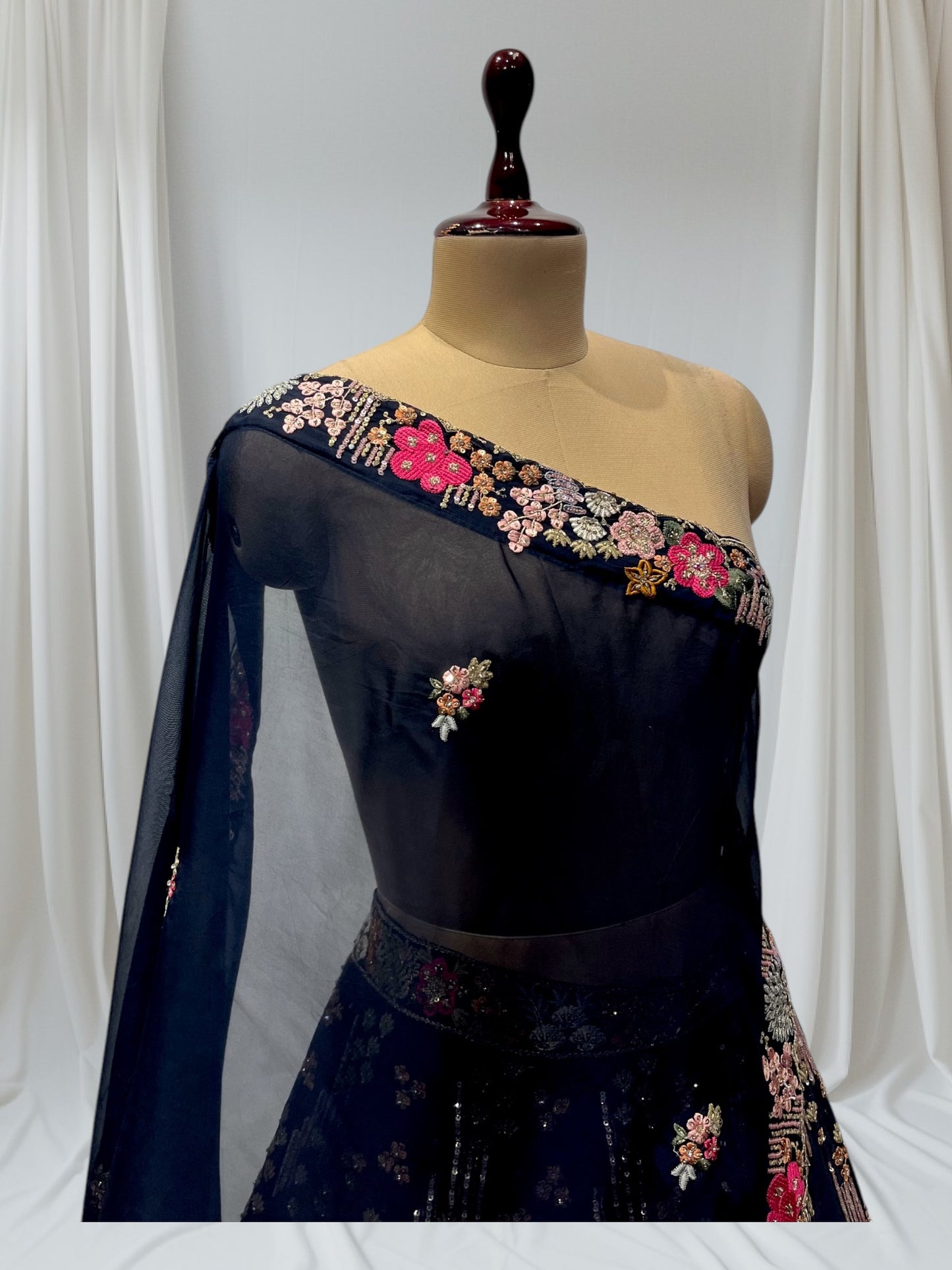 NAVY BLUE COLOUR EMBROIDERED SILK LEHENGA WITH ORGANZA DUPATTA & UNSTITCHED  BLOUSE