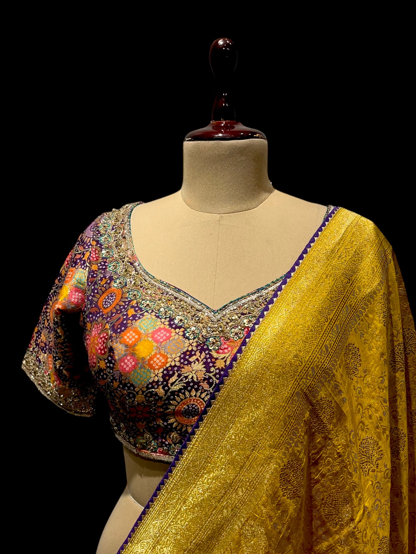 YELLOW COLOUR DOLA SILK READYMADE BLOUSE SAREE EMBELLISHED WITH SEQUINS & ZARDOZI WORK ( UNSTITCHED BLOUSE INCLUDE )