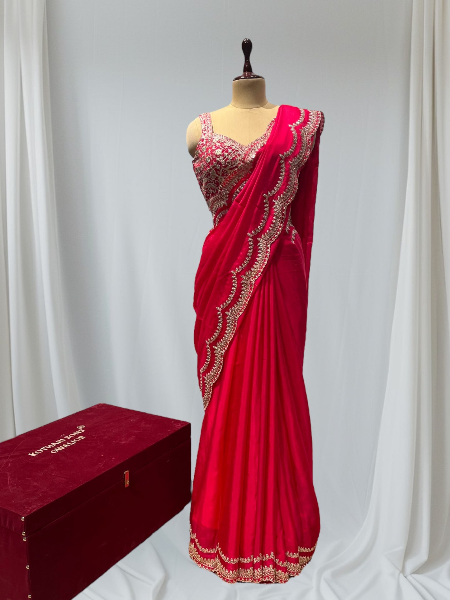 HOT PINK COLOUR CHINON READYMADE BLOUSE EMBROIDERED SAREE EMBELLISHED WITH ZARI & SEQUINS WORK ( INCLUDE UNSTITCHED BLOUSE )