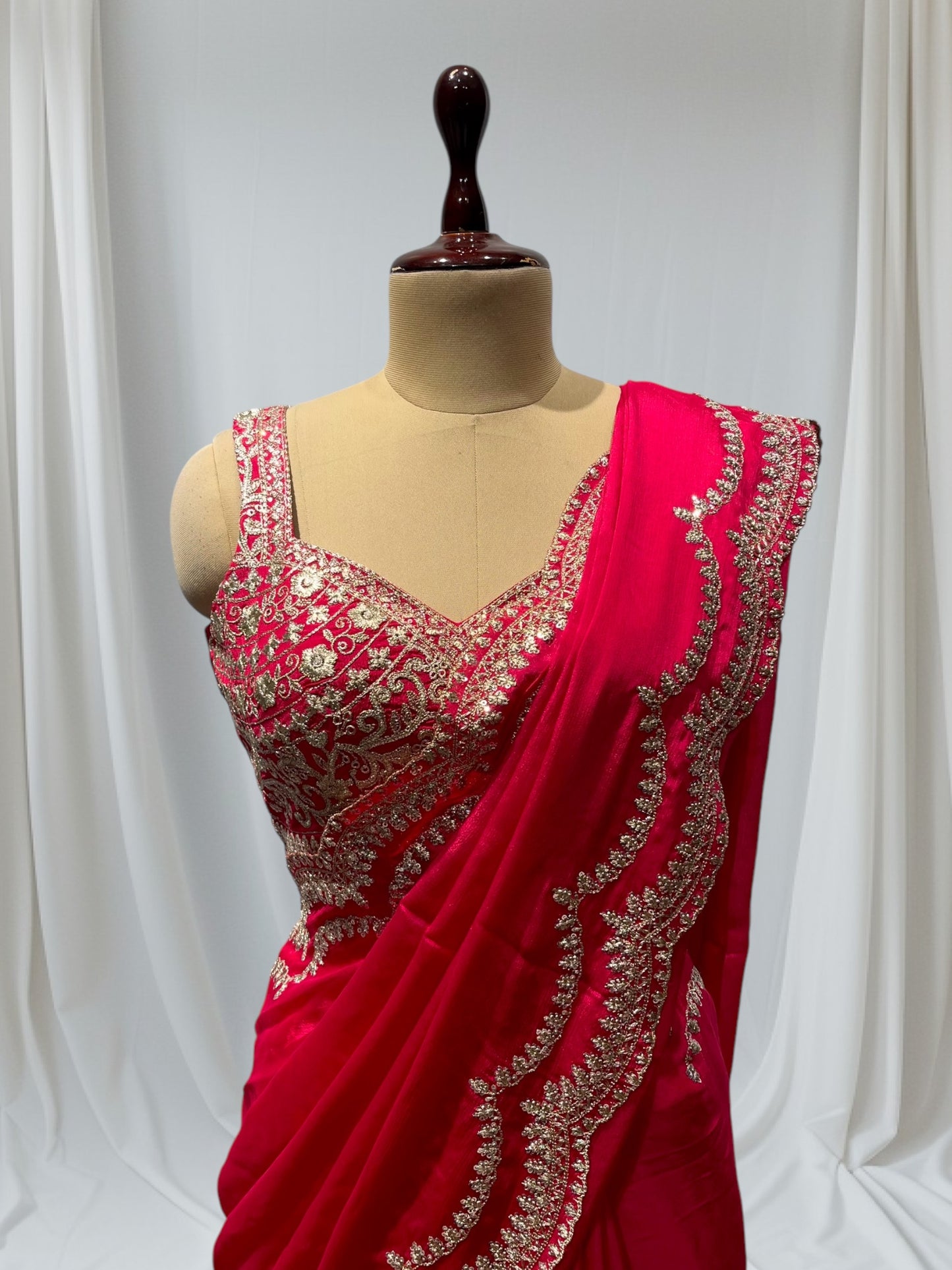 HOT PINK COLOUR CHINON READYMADE BLOUSE EMBROIDERED SAREE EMBELLISHED WITH ZARI & SEQUINS WORK ( INCLUDE UNSTITCHED BLOUSE )