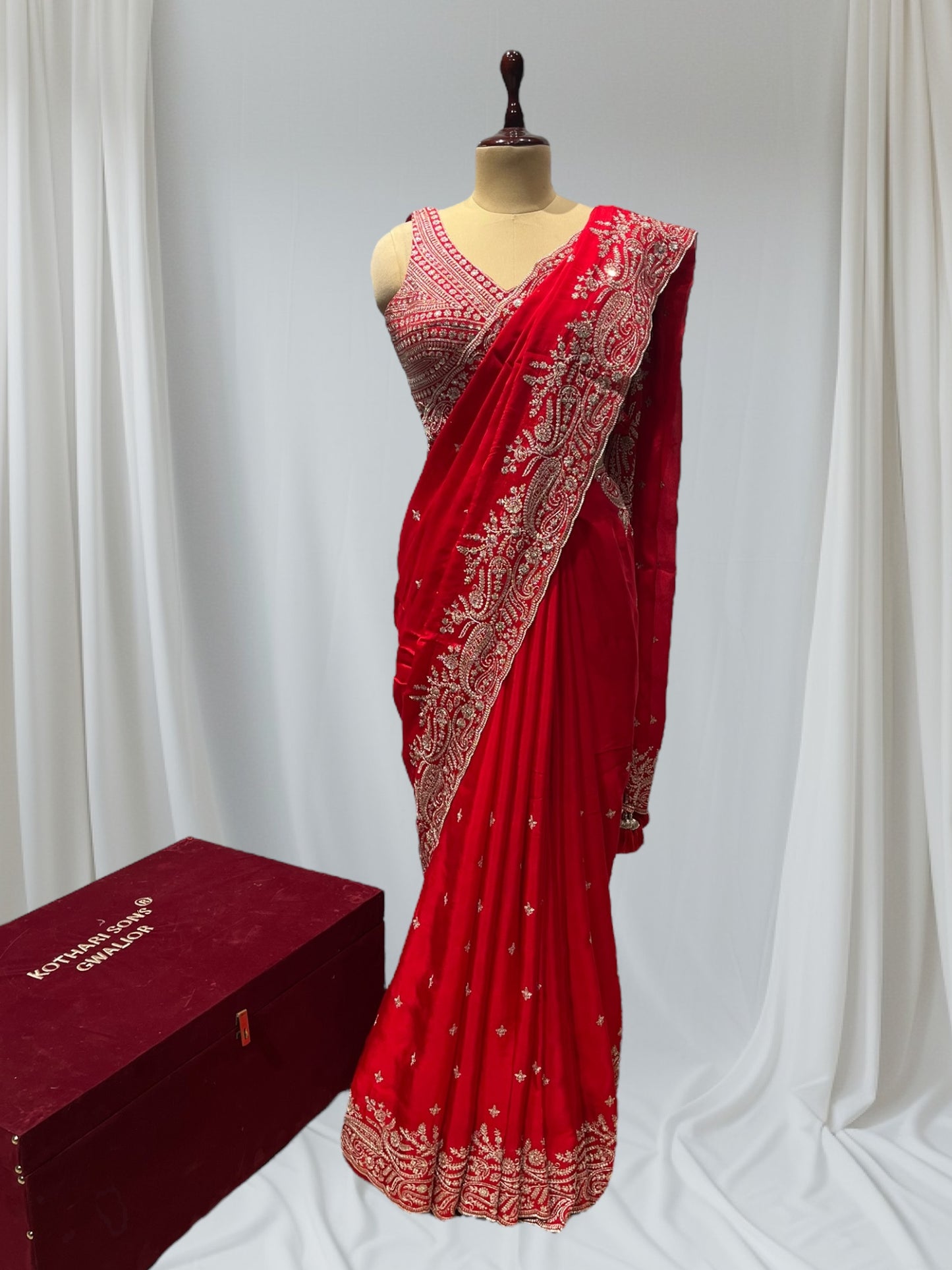 RED COLOUR CHINON READYMADE BLOUSE EMBROIDERED SAREE EMBELLISHED WITH ZARI & SEQUINS WORK ( INCLUDE UNSTITCHED BLOUSE )