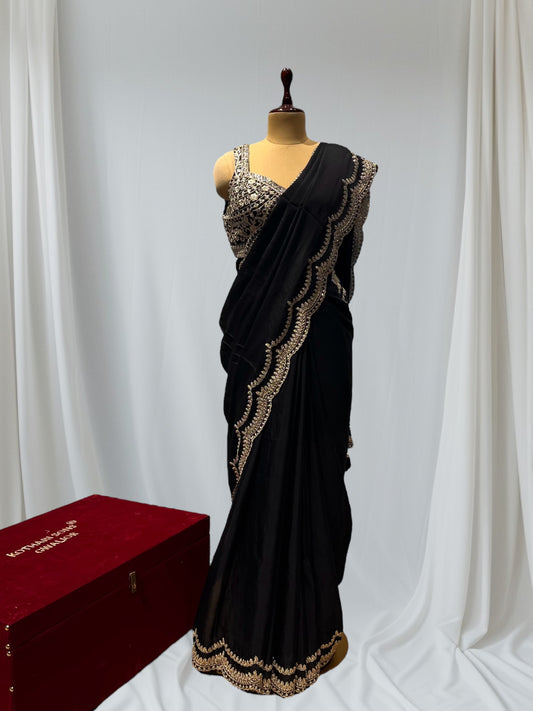 BLACK  COLOUR CHINON READYMADE BLOUSE EMBROIDERED SAREE EMBELLISHED WITH ZARI & SEQUINS WORK ( INCLUDE UNSTITCHED BLOUSE )