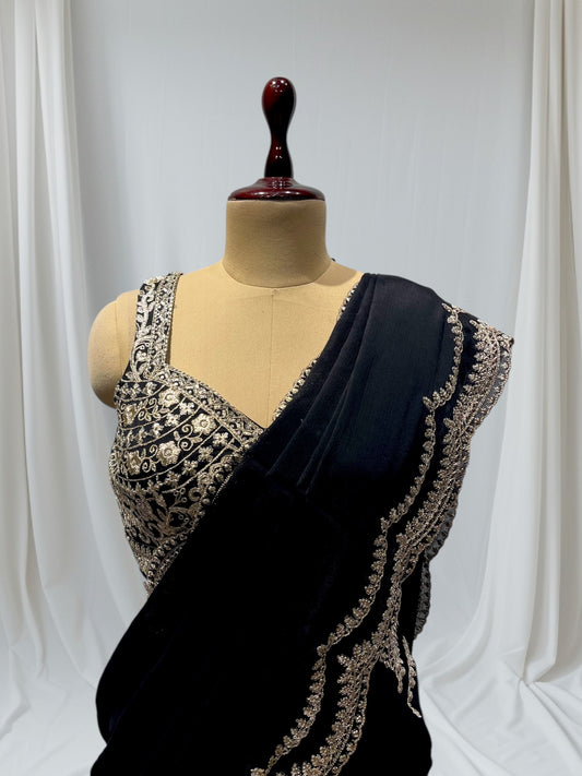 BLACK  COLOUR CHINON READYMADE BLOUSE EMBROIDERED SAREE EMBELLISHED WITH ZARI & SEQUINS WORK ( INCLUDE UNSTITCHED BLOUSE )