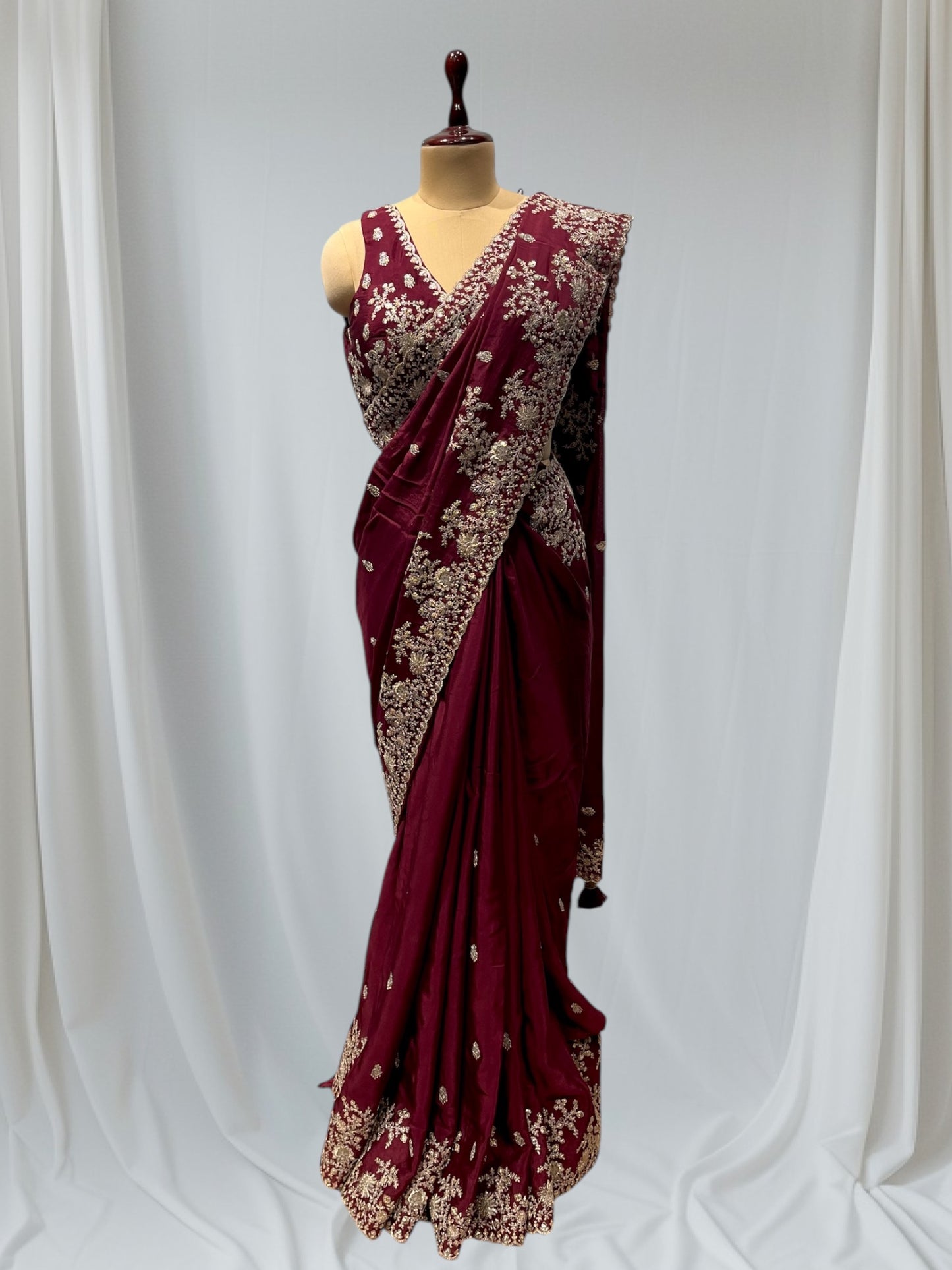 WINE COLOUR CHINON READYMADE BLOUSE EMBROIDERED SAREE EMBELLISHED WITH ZARI & SEQUINS WORK ( INCLUDE UNSTITCHED BLOUSE )