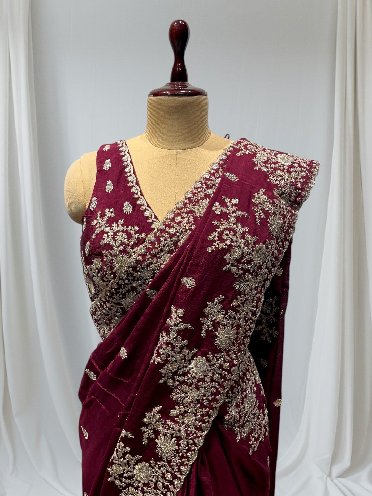 WINE COLOUR CHINON READYMADE BLOUSE EMBROIDERED SAREE EMBELLISHED WITH ZARI & SEQUINS WORK ( INCLUDE UNSTITCHED BLOUSE )