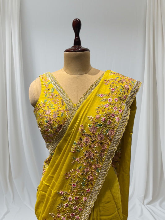 PARROT GREEN COLOUR CHINON READYMADE BLOUSE EMBROIDERMBELLISHED WITH  RESHAM WORK ( INCLUDE UNSTITCHED BLOUSE )ED SAREE E